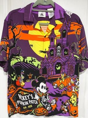 S Disney Mickey Halloween Haunted House Button-Up Shirt - Purple/Orange